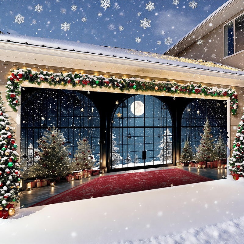 THISFIND Christmas Night Window Scene Garage Door Banner – Festive Indoor View with Moonlight, Trees & Gifts for Holiday Outdoor Decor - Image 3